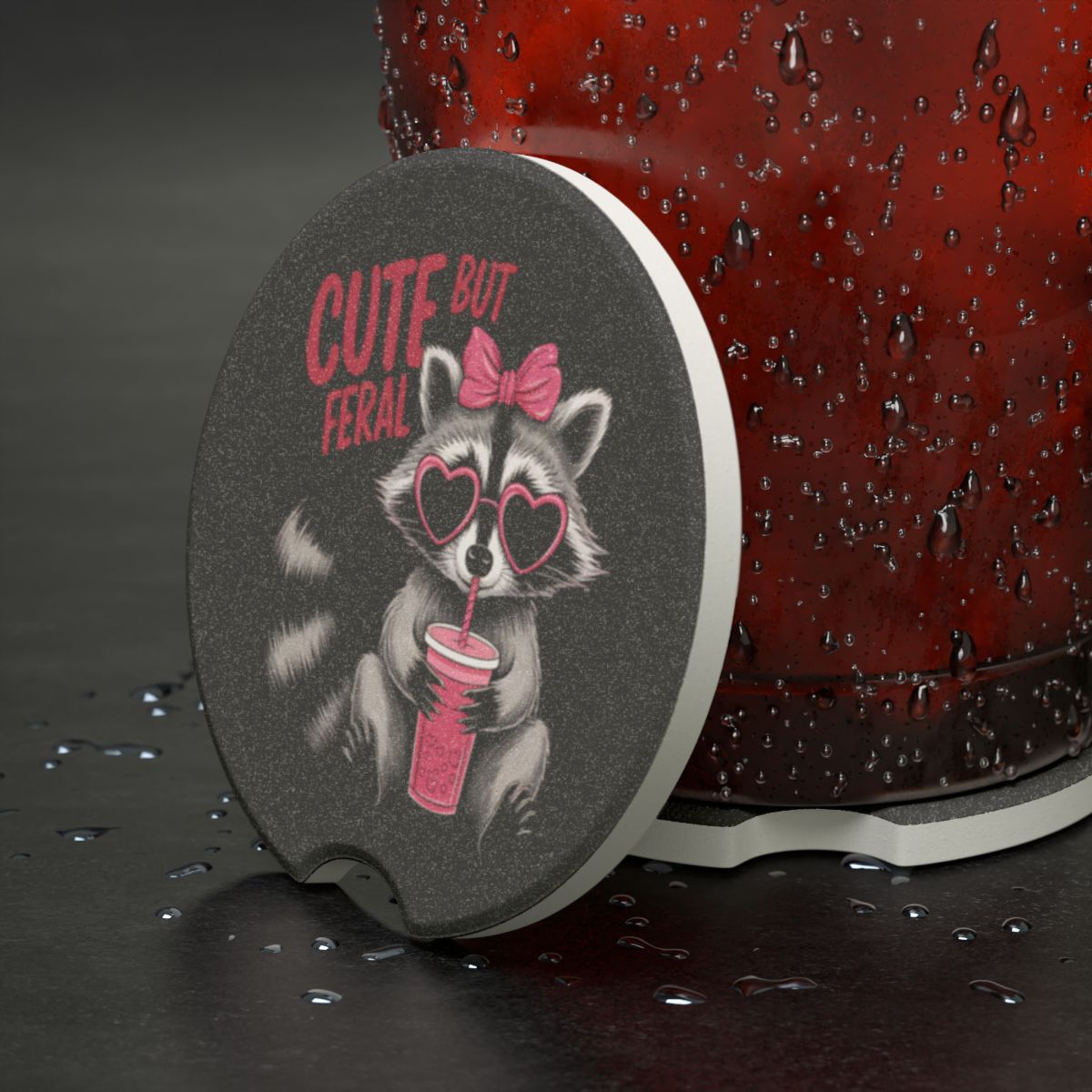 Cute But Feral Raccoon Car Coaster Fun & Functional Gift for Animal Lovers!